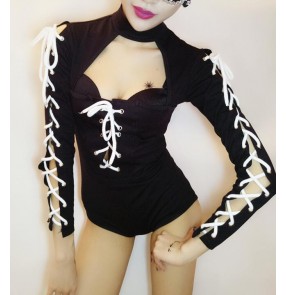 Black white draw string hollow sleeves and front sexy fashion women's ladies performance cos play singer jazz dancing outfits bodysuits leotards